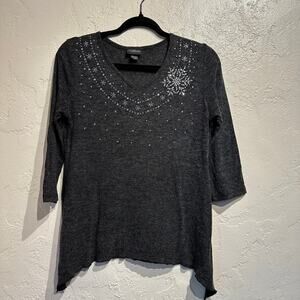Trilogy Blouse Size Small Knit 3/4 slv Bling morning sun Charcoal Gray Winter